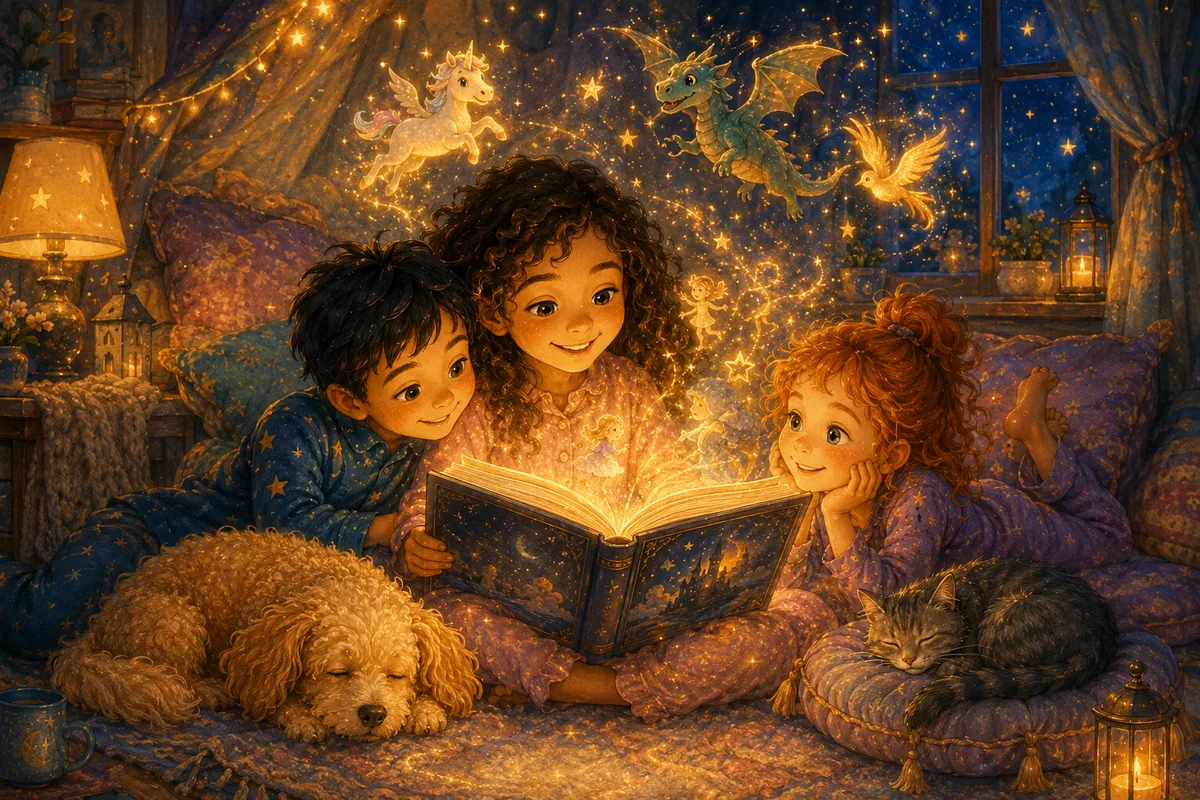Three children reading a glowing storybook in bed, magical creatures drifting from its pages, with their dog and cat asleep beside them
