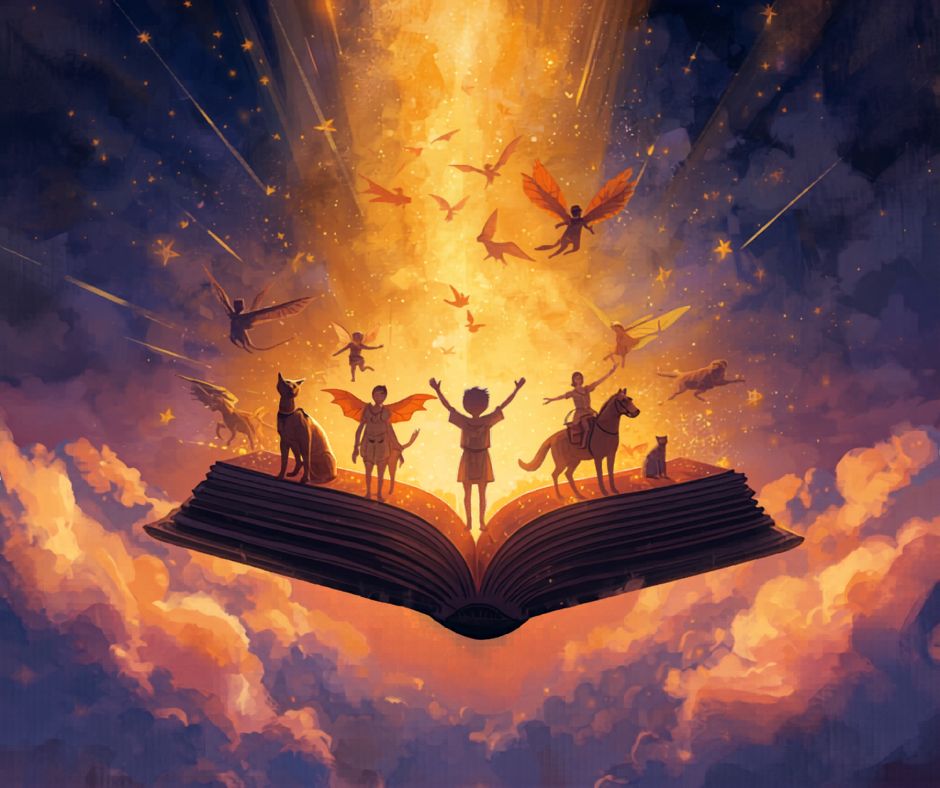 A child standing on an open book in a beam of golden light, surrounded by storybook creatures