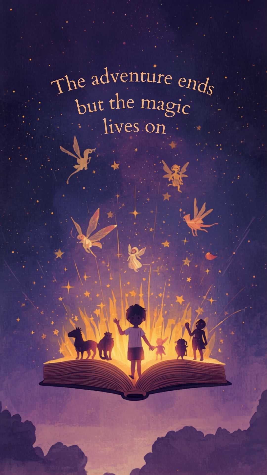 A child and storybook creatures gathered on a glowing open book