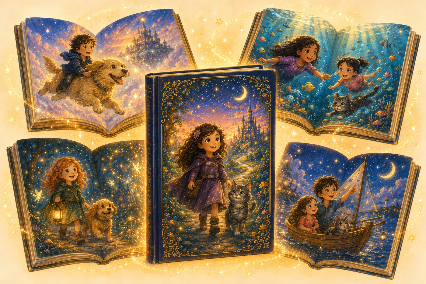 A storybook of magical worlds — children flying on their dog, diving underwater, exploring an enchanted forest and sailing beneath the stars