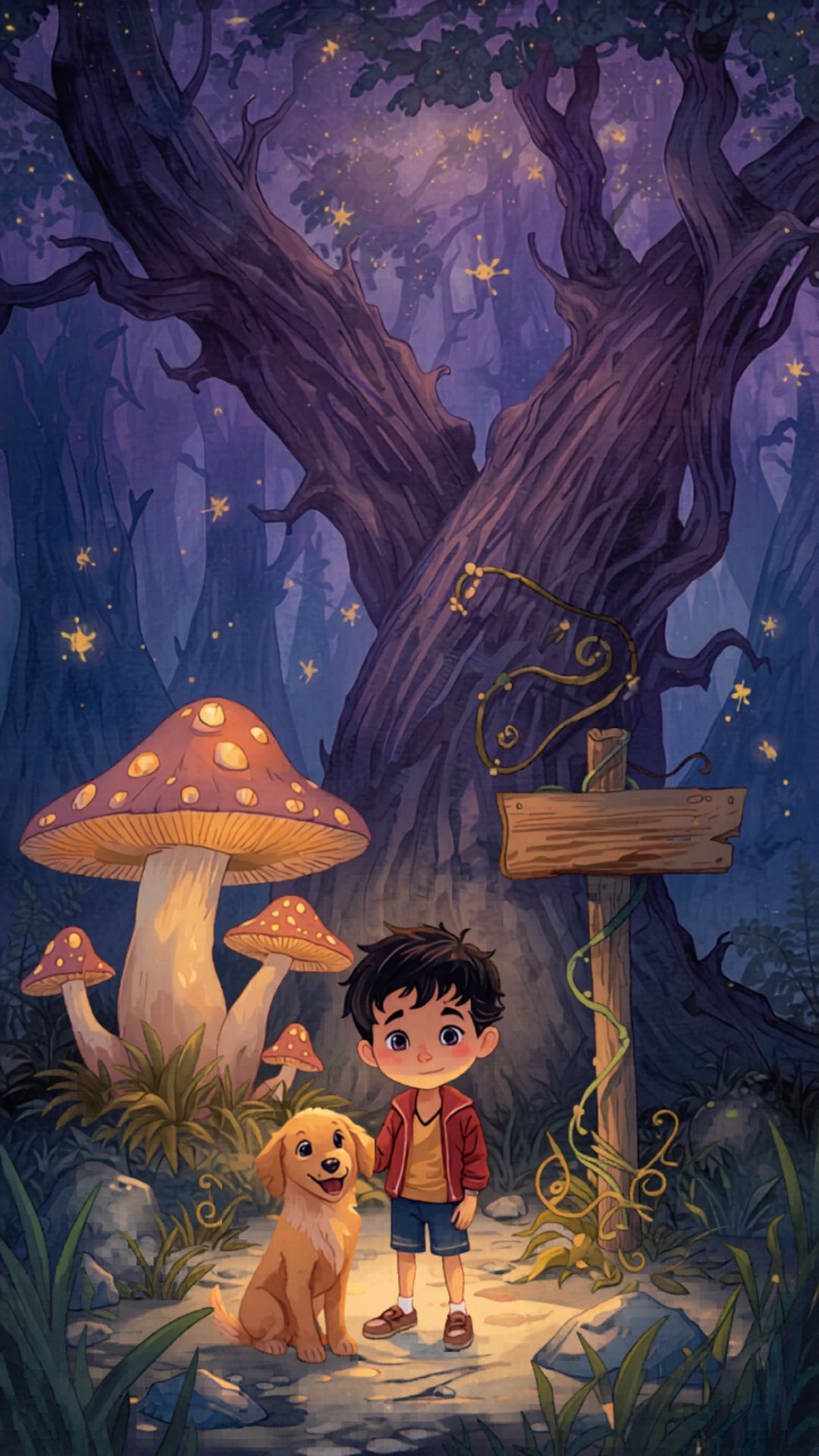 A boy and his golden dog under a glowing mushroom