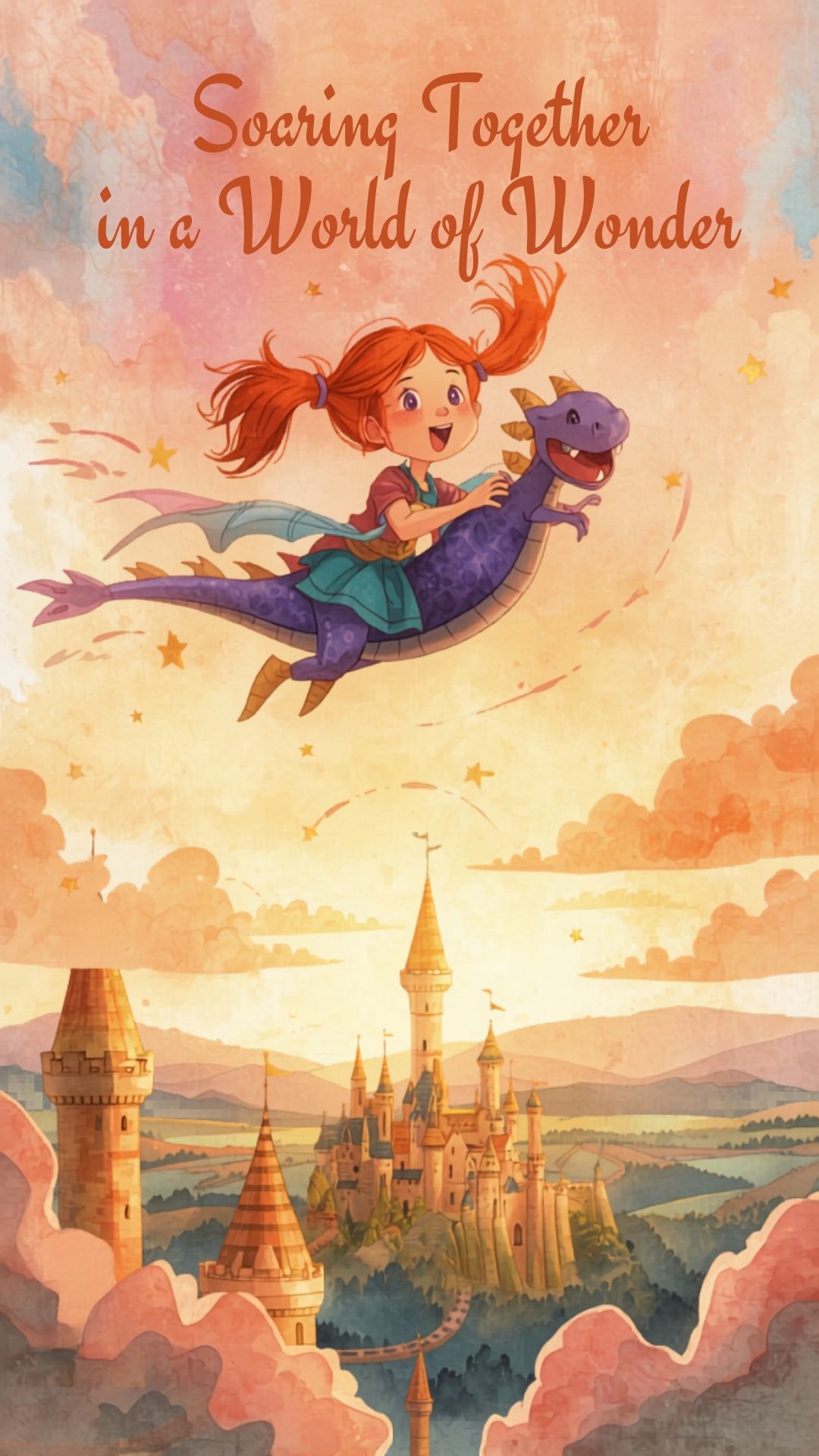 A girl flying on a friendly dragon over castles