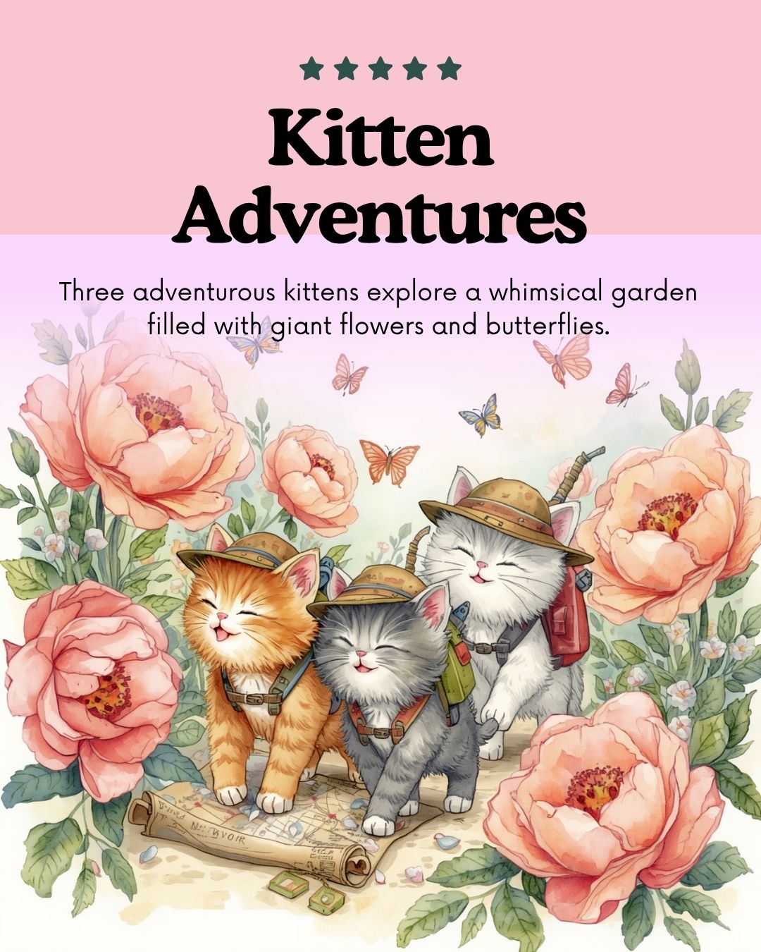 Three kittens exploring a garden of giant flowers