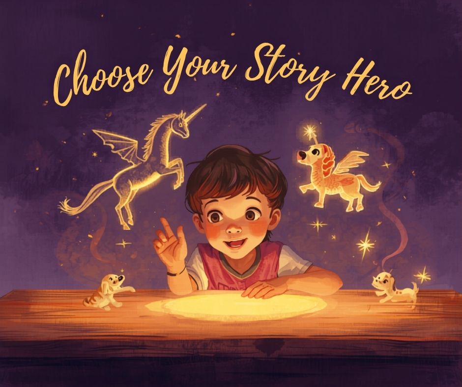 A child surrounded by glowing storybook creatures, choosing a story hero