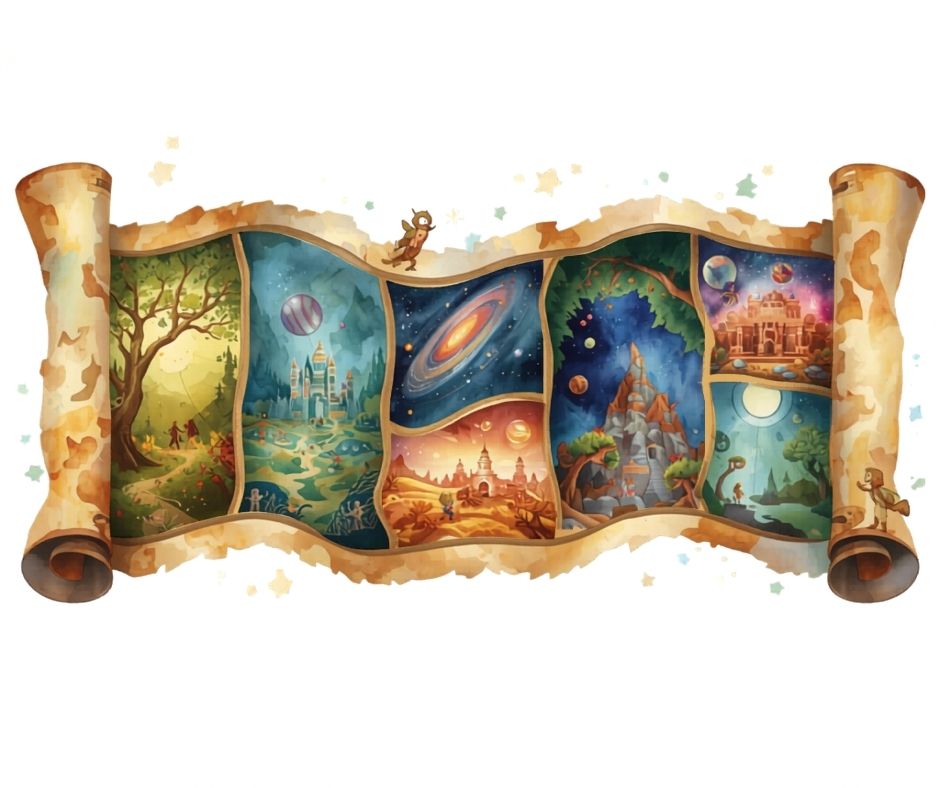 An open scroll showing tiny illustrations of five magical worlds