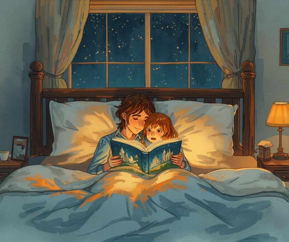 A parent and child reading the glowing book in bed