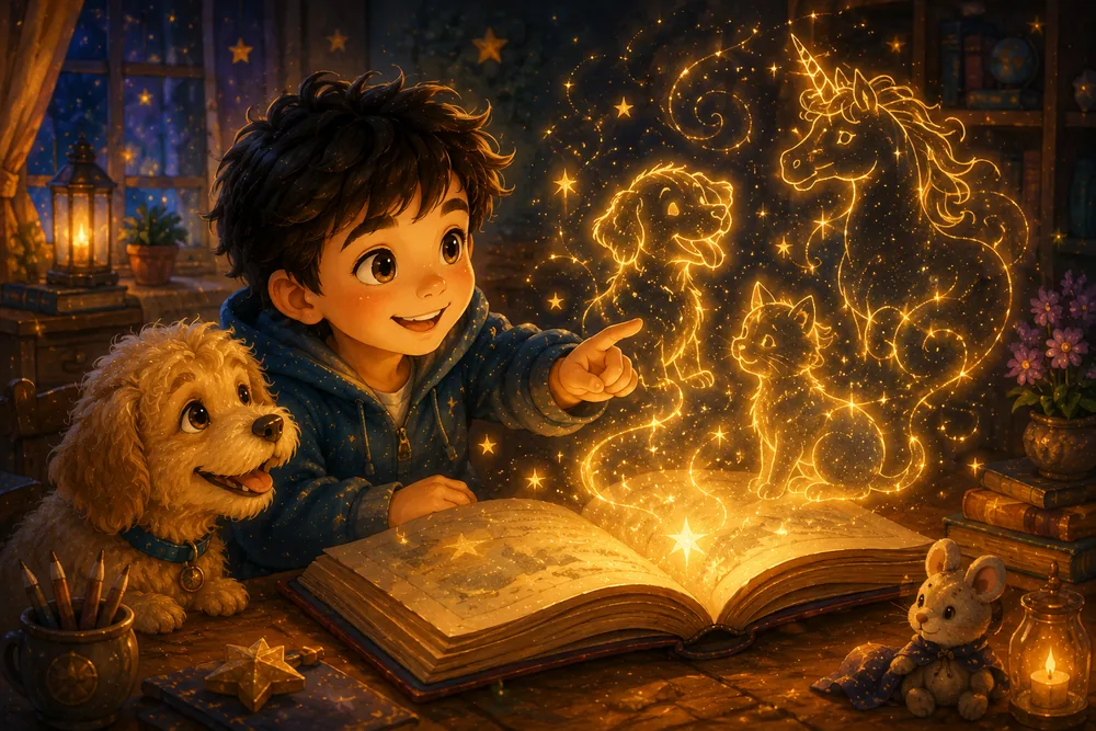 A boy pointing at glowing storybook creatures rising from an open book