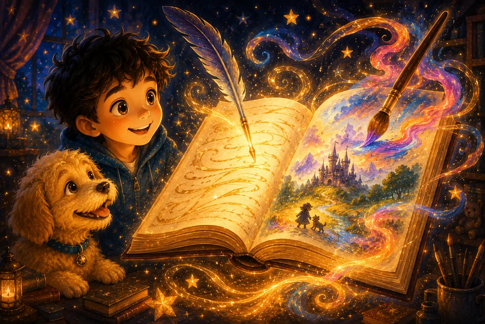 A glowing open book with a story and paintings taking shape on its pages