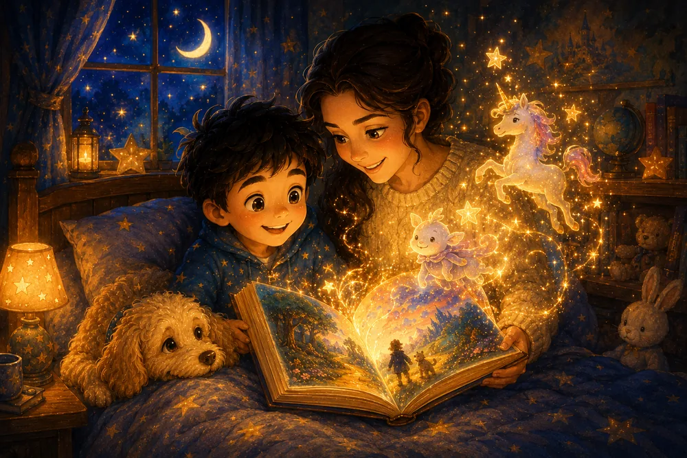 A parent and child reading the finished glowing storybook together in bed